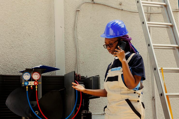 african-american-apprentice-calling-manager-inquire-about-necessary-condenser-components-needing-be-replaced-electrician-checking-maintenance-plan-after-fixing-bad-wiring-issues_482257-70260
