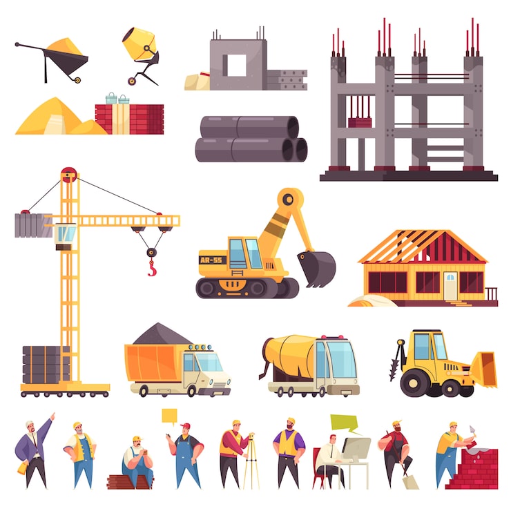 construction-flat-set-with-unfinished-building-pipes-crane-bulldozer-workers-concrete-mixer-excavator-isolated-icons-illustration_1284-29077