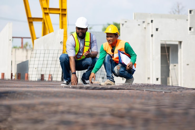 engineer-inspecting-steel-wire-mesh-concrete-slab-reinforcement-construction-professional-engineer-team-working-african-american-holding-walkie-talkie-with-worker-prefabricated-factory_38052-4463