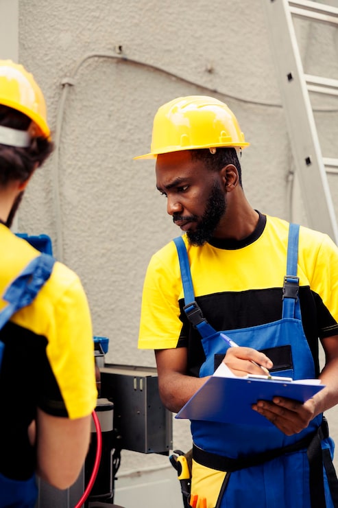 licensed-serviceman-starting-routine-condenser-maintenance-using-manifold-meters-read-pressure-external-air-conditioner-while-seasoned-wireman-writes-hvac-system-checkup-report-clipboard_482257-68066