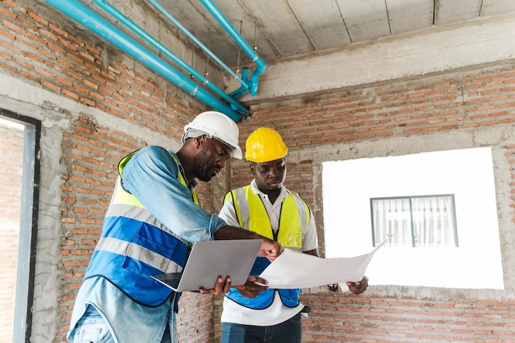 two-construction-workers-hard-hats-reflective-vests-examine-blueprints-use-laptop_43263-6301